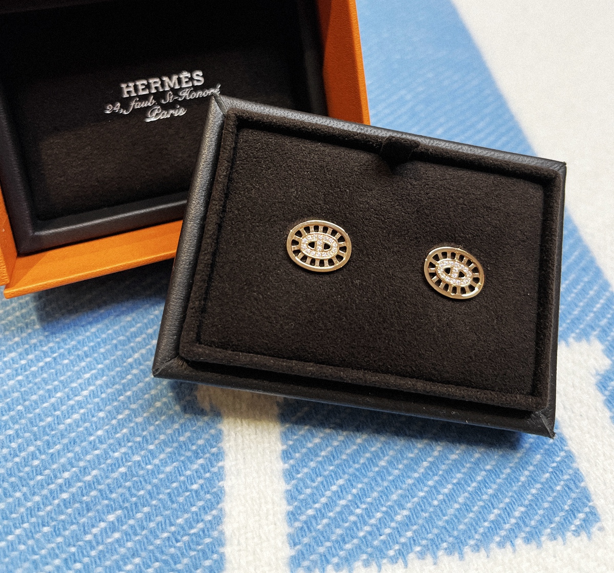 Hermes CHAINE D''ANCRE 豬鼻耳釘，18K玫瑰金 全原裝鑽石小號 