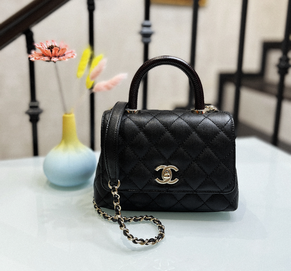 Chanel Mini coco handle 黑金荔枝皮紅色蜥蜴手柄